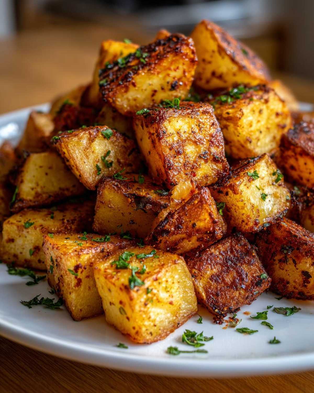 A close-up of perfectly crispy, golden-brown breakfast potatoes seasoned and garnished with parsley.