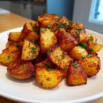 A mound of perfectly crispy, golden-brown breakfast potatoes seasoned with paprika and topped with fresh parsley.