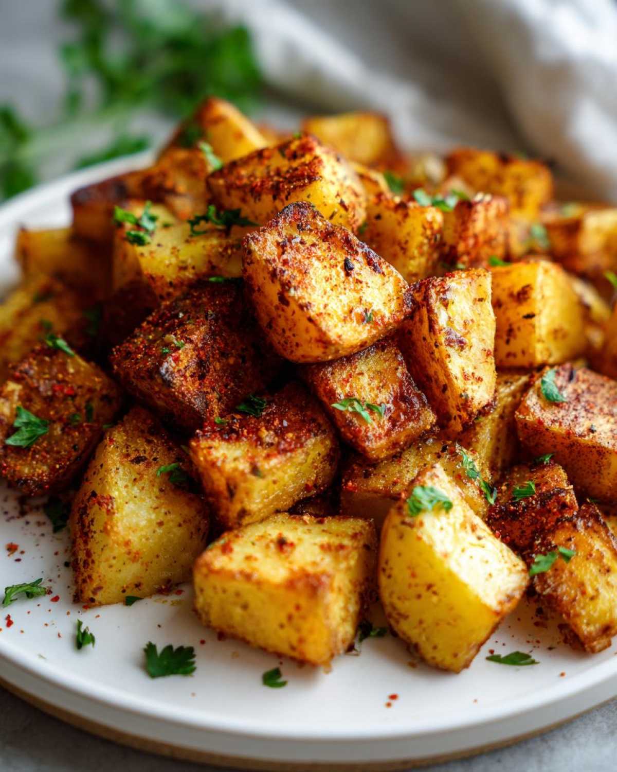 Close-up of perfectly crispy breakfast potatoes, seasoned heavily with paprika and fresh parsley.