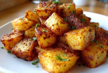 Close-up of perfectly crispy, golden brown breakfast potatoes seasoned with spices and garnished with parsley.