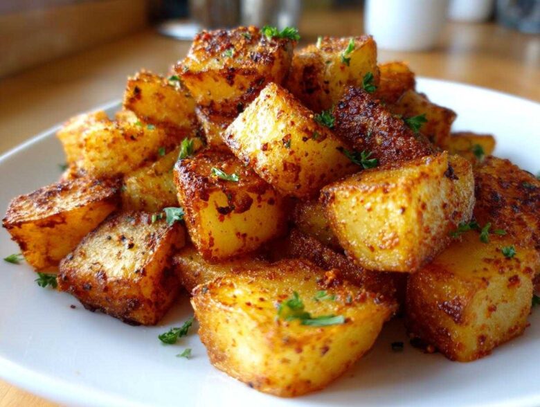 Close-up of perfectly crispy, golden brown breakfast potatoes seasoned with spices and garnished with parsley.