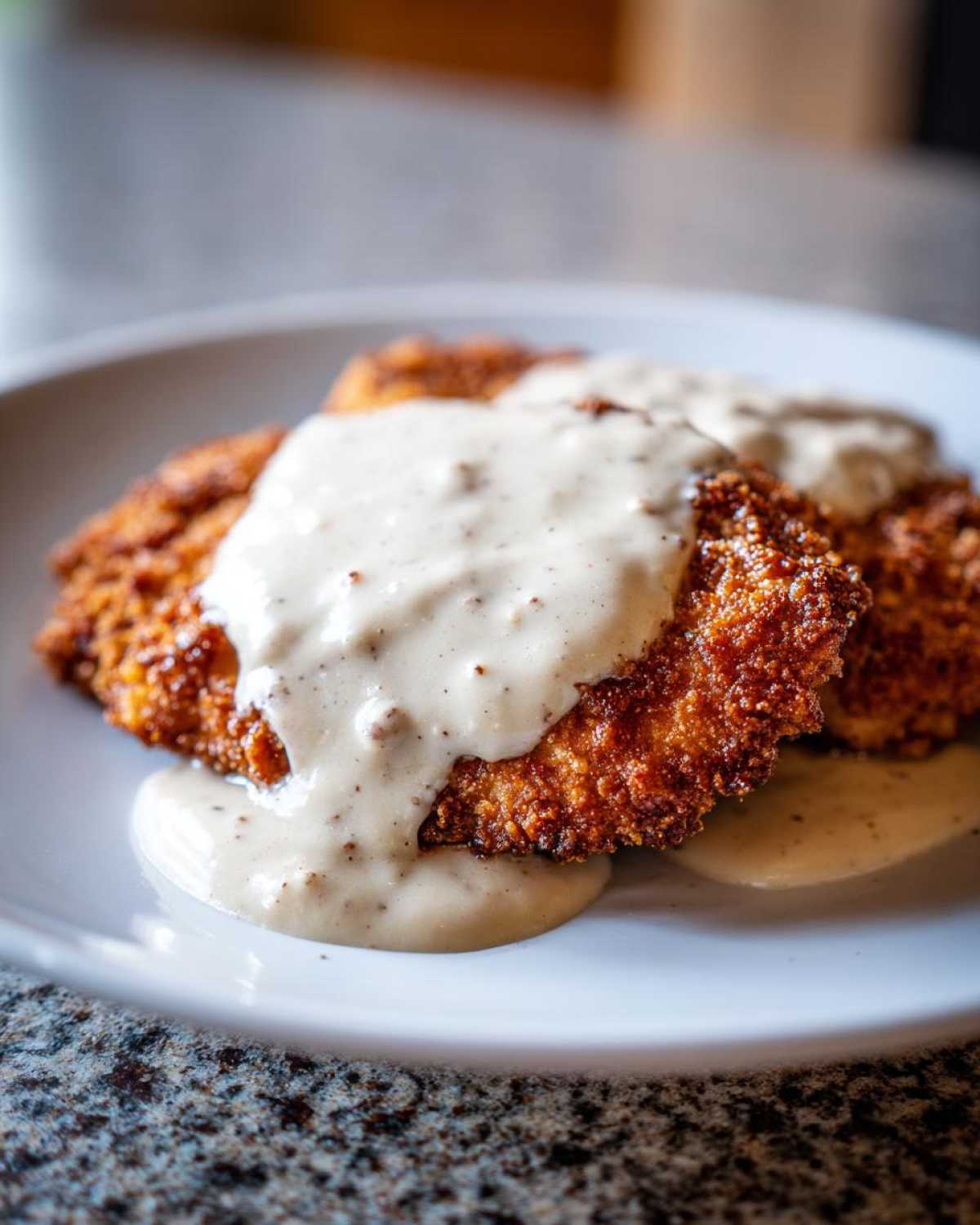 Close-up of two pieces of crispy, golden-brown chicken fried steak smothered in creamy, speckled country gravy.