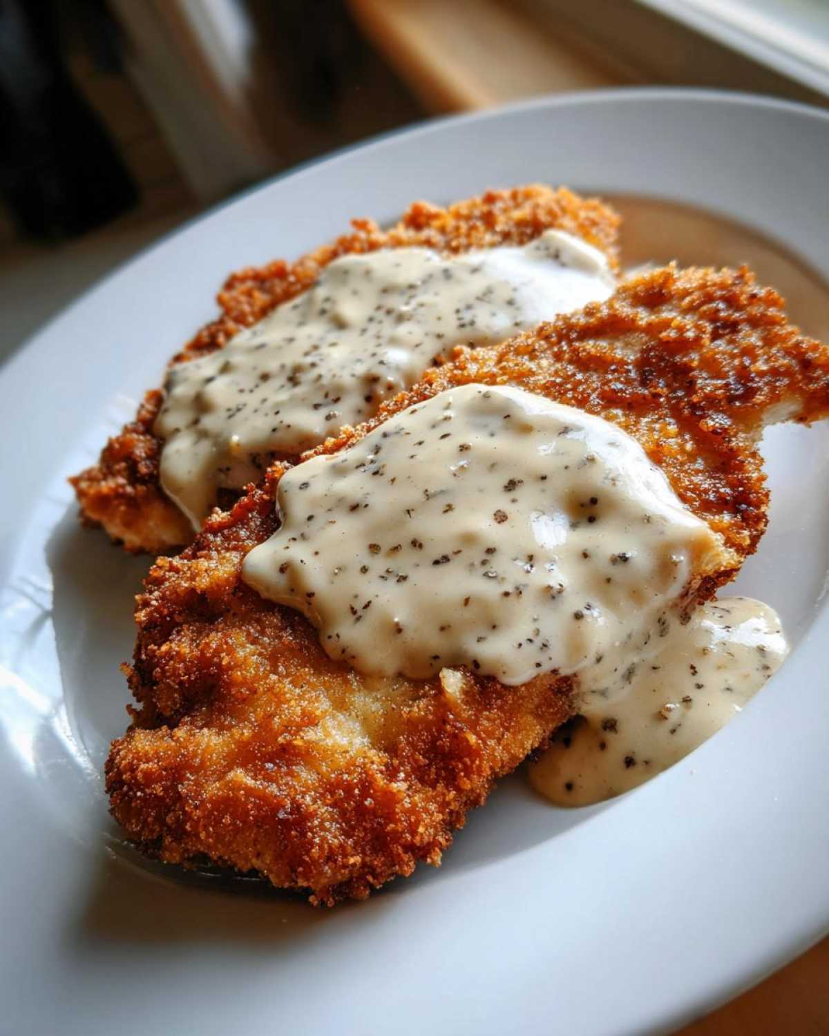 Two pieces of crispy, golden brown chicken fried steak generously topped with creamy black pepper gravy on a white plate.
