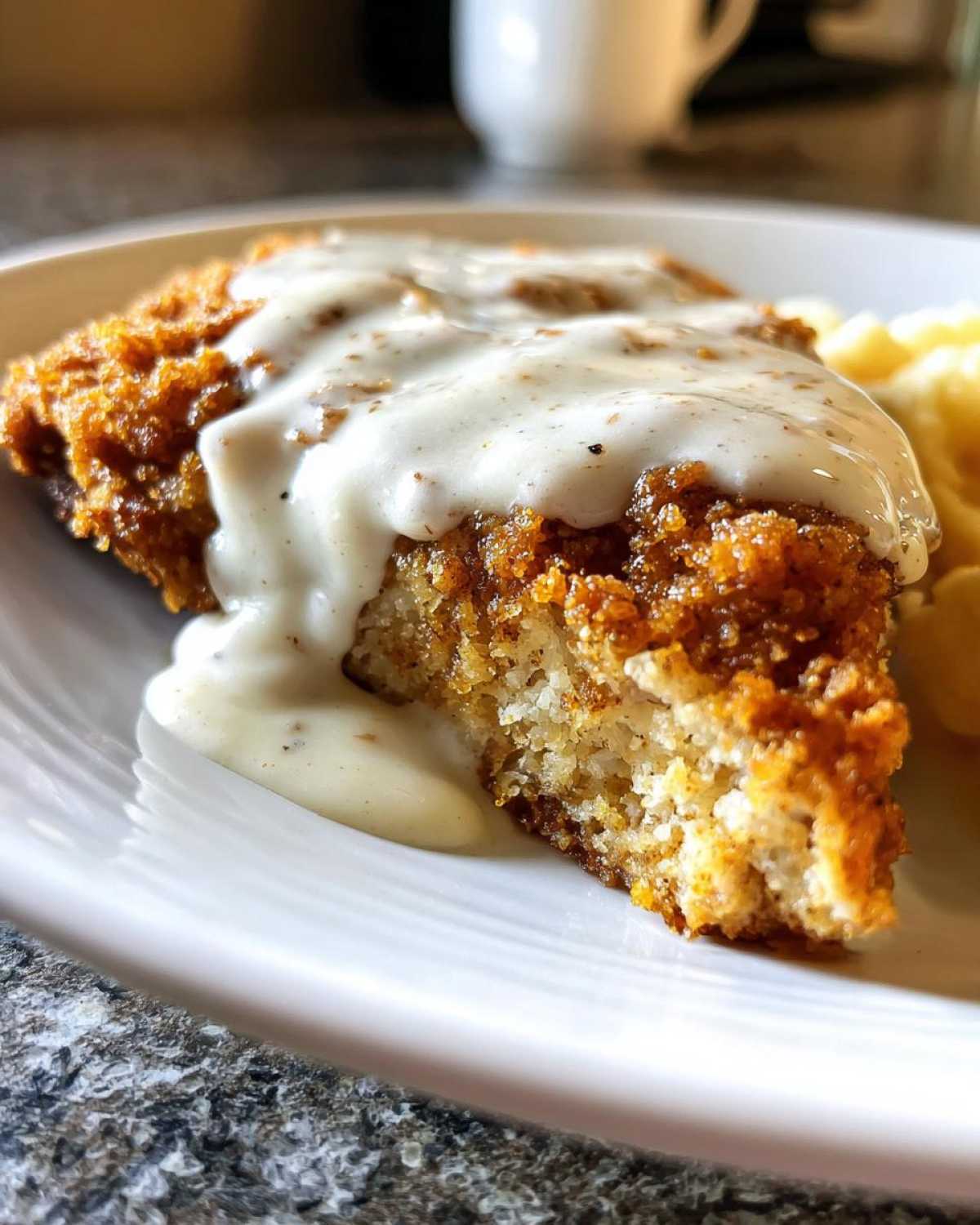 Close-up of a bite taken out of crispy chicken fried steak smothered in white country gravy.