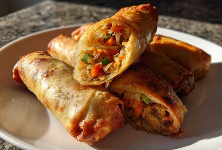 Close-up of several crispy, golden brown egg roll pieces, one cut open showing the vegetable filling.