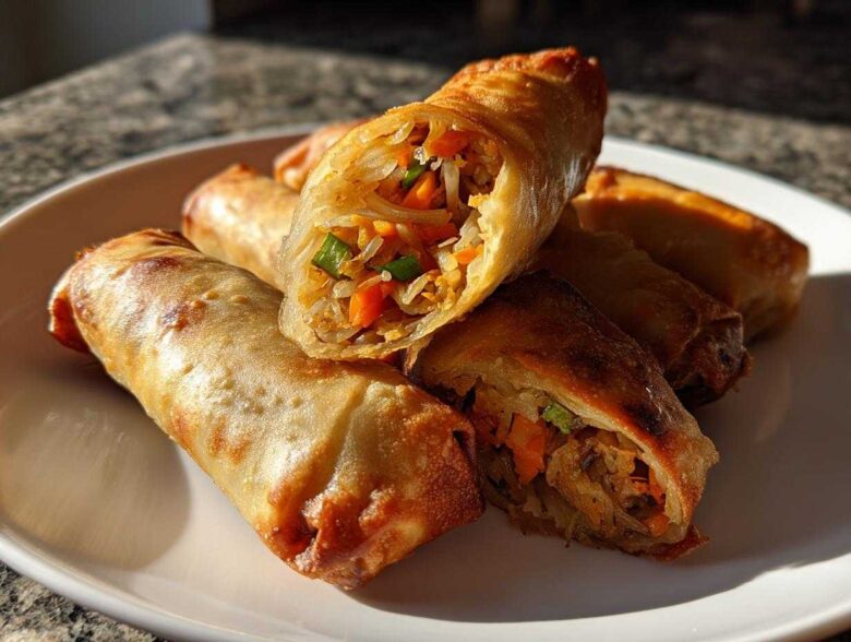 Close-up of several crispy, golden brown egg roll pieces, one cut open showing the vegetable filling.