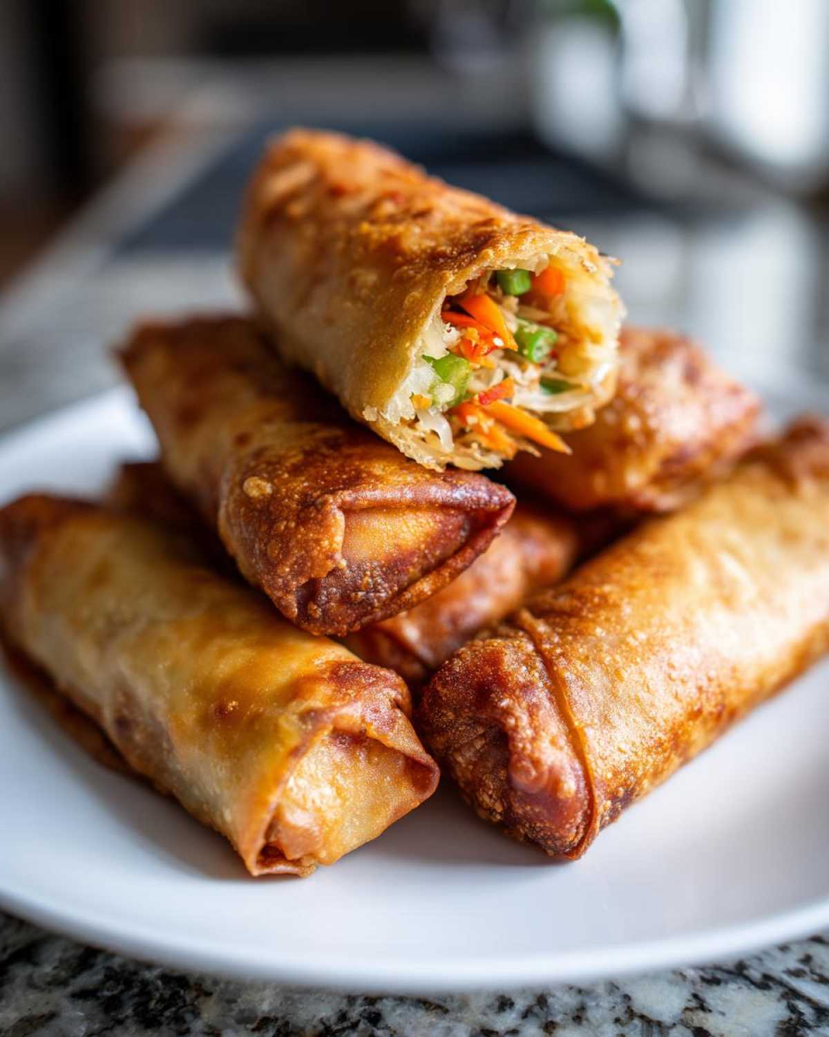 A stack of golden brown, crispy fried egg roll appetizers, with one cut open showing the vegetable filling.