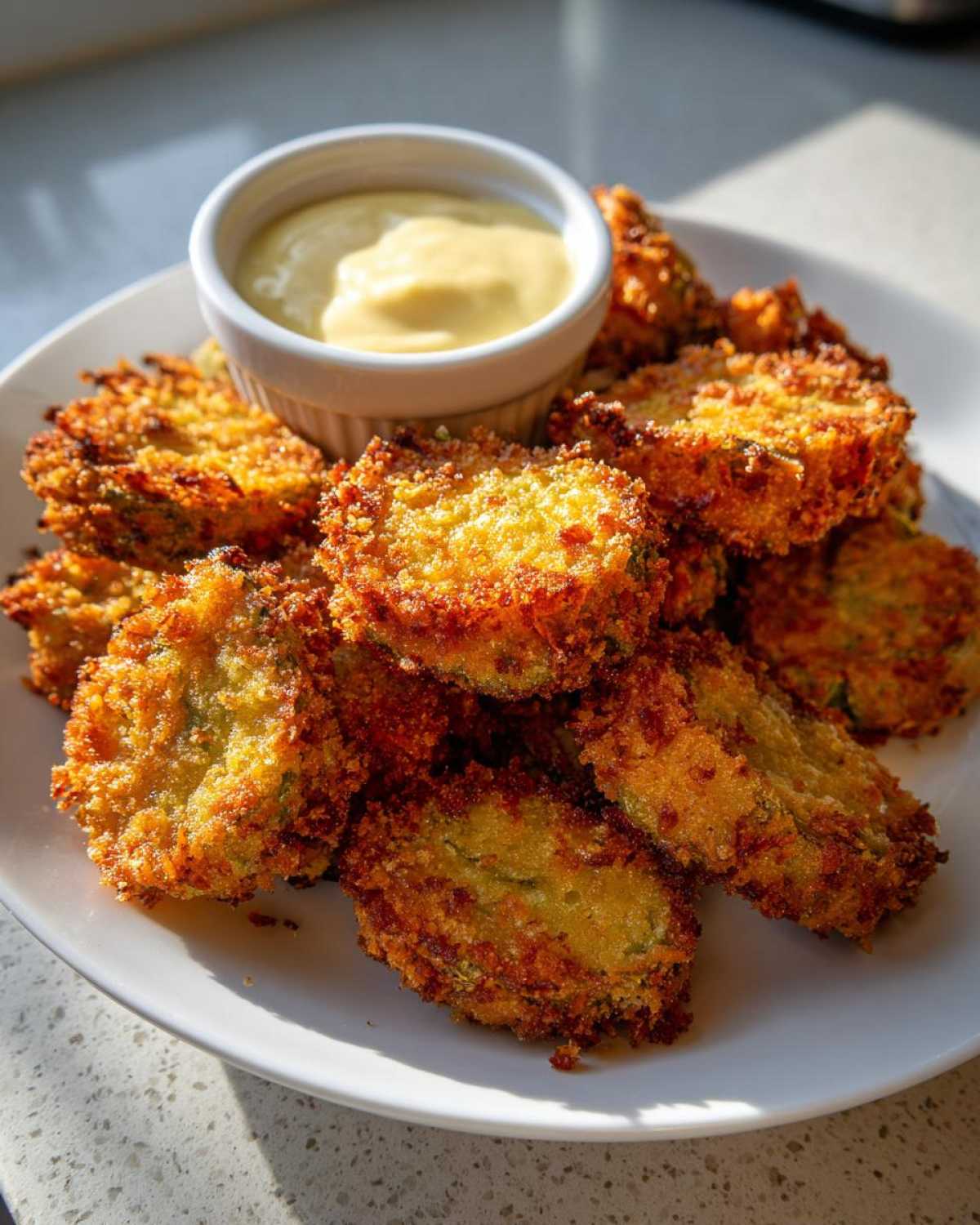 A plate piled high with golden brown, crispy Fried Pickles served with a small ramekin of yellow dipping sauce.