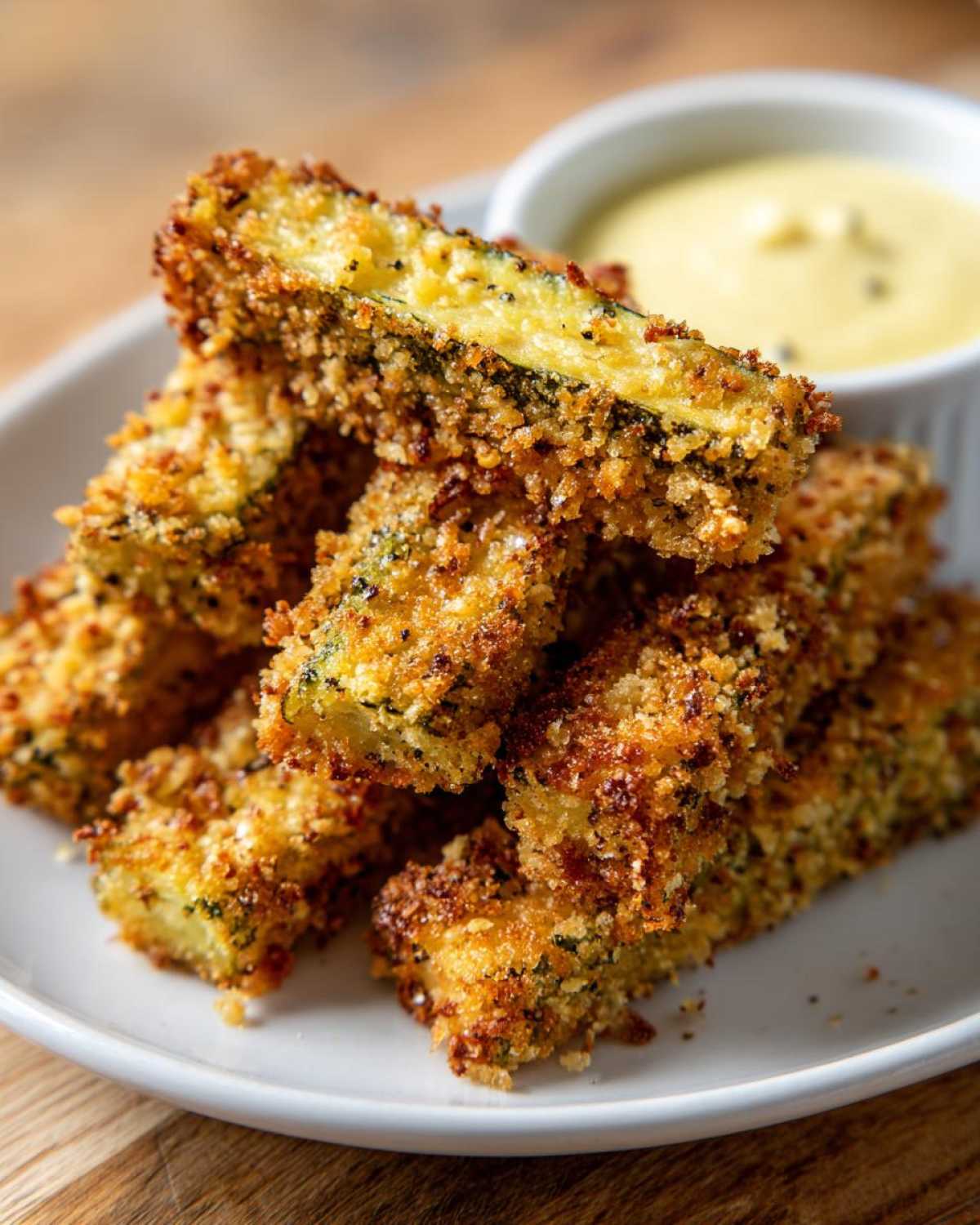 A stack of golden brown, crispy Fried Pickles sticks served on a white plate next to a small bowl of yellow dipping sauce.