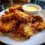 A pile of golden brown, crispy Fried Pickles served on a white plate next to a small ramekin of yellow dipping sauce.