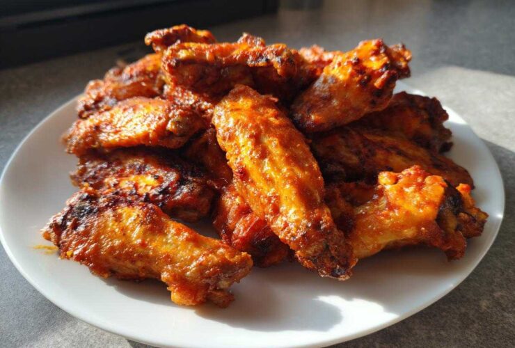 A white plate piled high with perfectly cooked, crispy, and glazed chicken wings under natural light.