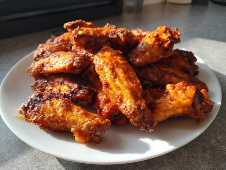A white plate piled high with perfectly cooked, crispy, and glazed chicken wings under natural light.