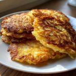 A stack of golden brown, crispy potato pancakes showing shredded texture, ready to eat.