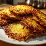 A close-up of a stack of golden brown, crispy potato pancakes with lacy edges.