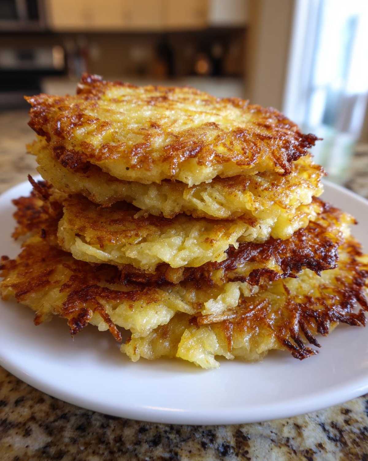A tall stack of four golden brown, crispy potato pancakes served on a white plate.