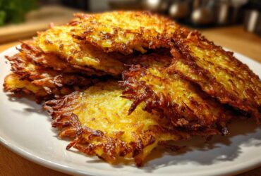 A close-up of a stack of golden brown, crispy potato pancakes with lacy edges.