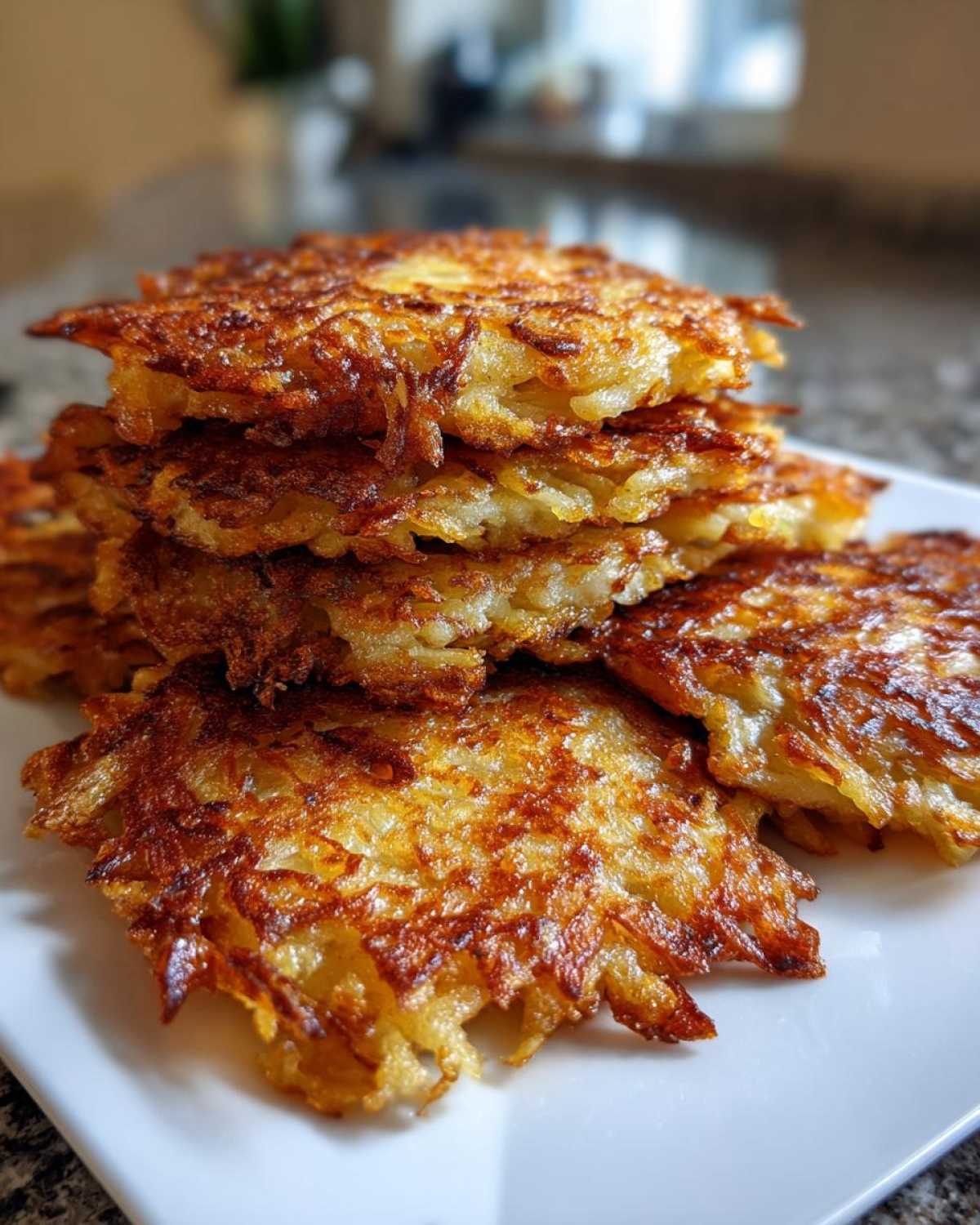 A close-up stack of perfectly golden brown and crispy potato pancakes on a white plate.