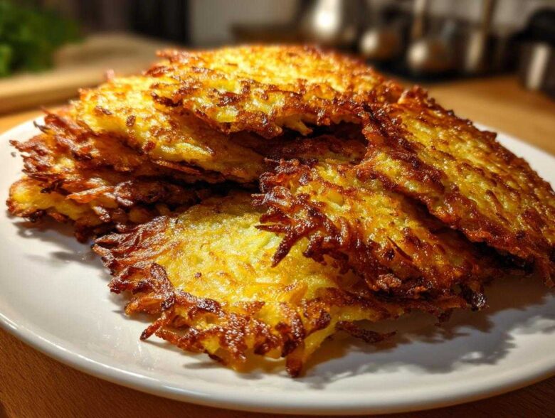 A close-up of a stack of golden brown, crispy potato pancakes with lacy edges.