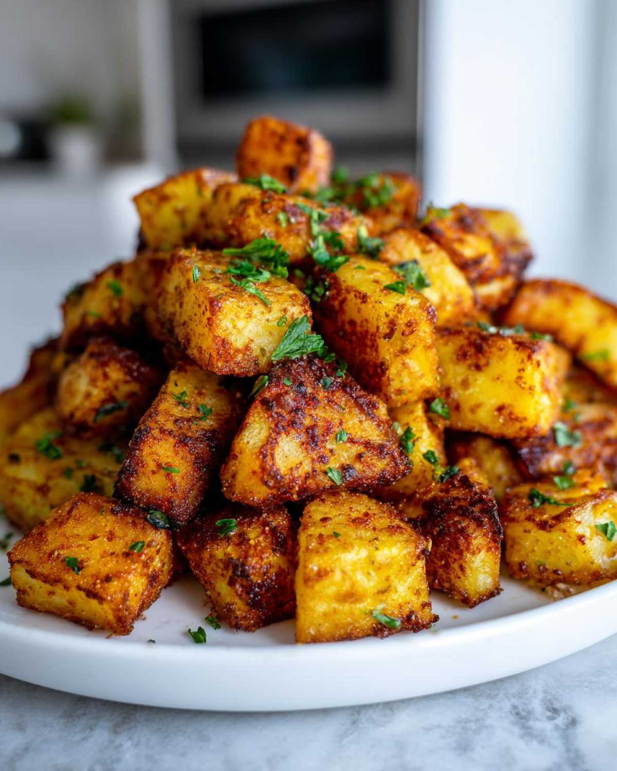 A tall pile of golden brown, crispy seasoned breakfast potatoes garnished with fresh parsley on a white plate.