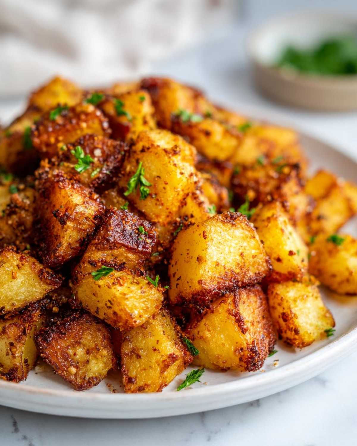 A close-up of perfectly crispy, golden brown breakfast potatoes seasoned with spices and garnished with fresh parsley.
