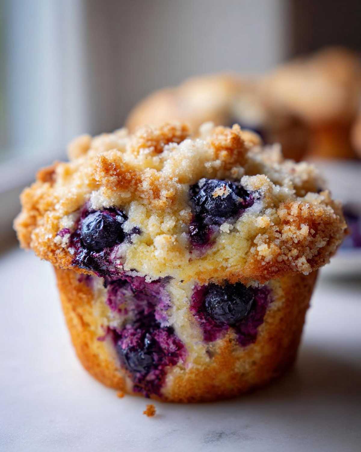 A close-up shot of a golden brown blueberry muffin topped with a crunchy streusel crumb topping.