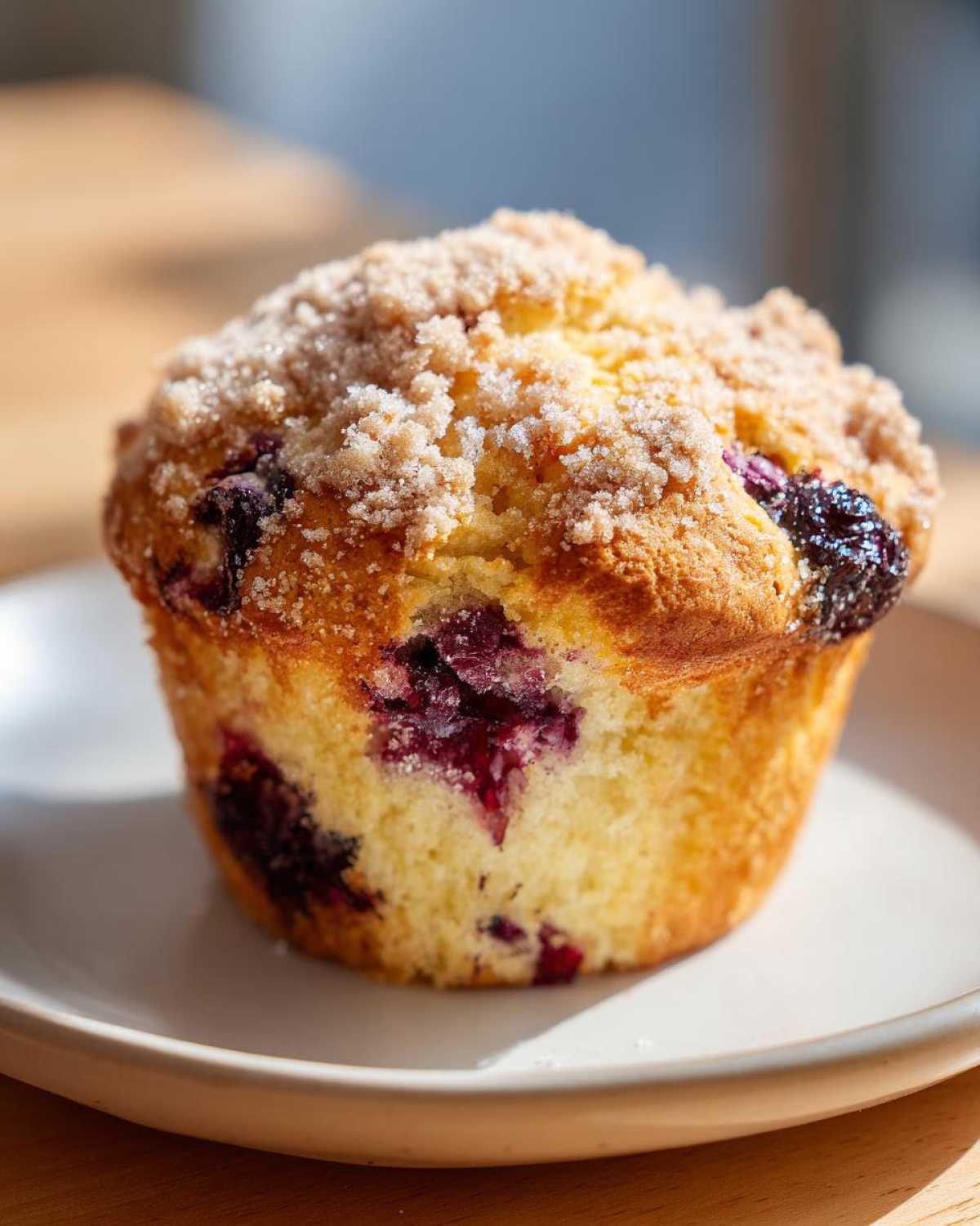 A single, golden brown blueberry muffin with a sugary crumb topping sits on a white plate.