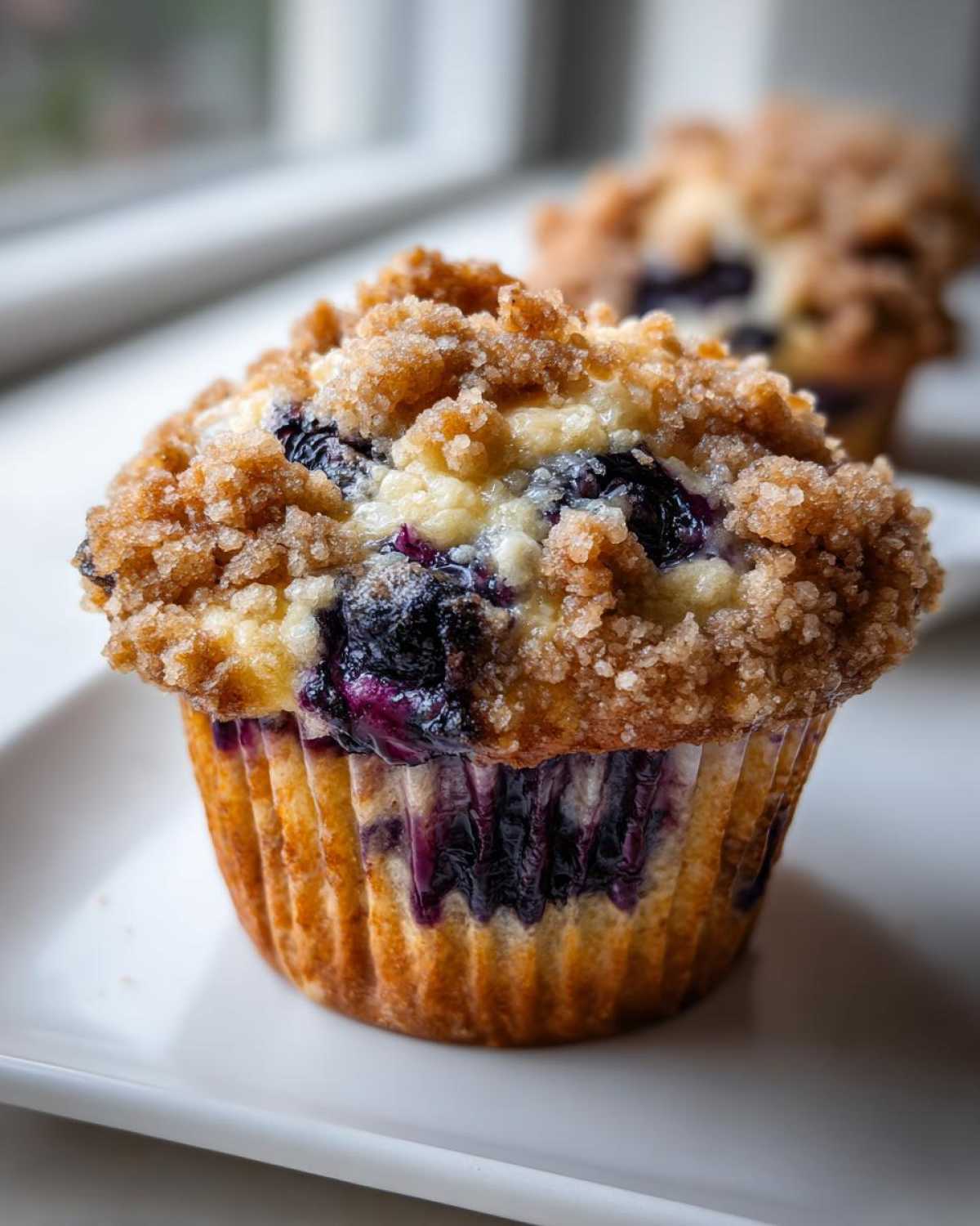 A close-up, appetizing shot of a freshly baked blueberry muffin topped with golden brown streusel.