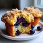 A close-up of a crumb-topped blueberry muffin cut in half, revealing juicy blueberries inside.