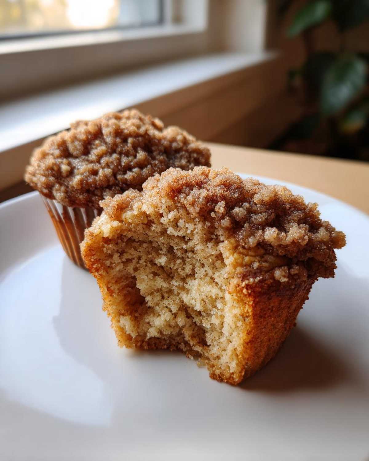A close-up of a crumb-topped oatmeal muffin, with a bite taken out to show the moist interior texture.