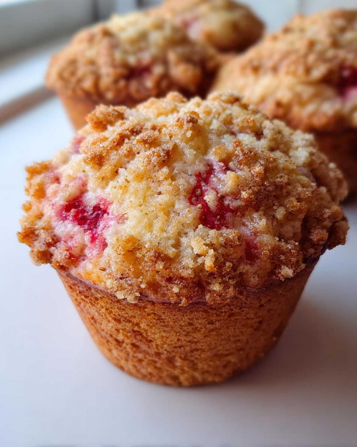 A close-up of a freshly baked strawberry muffin featuring a golden crumb topping and visible pieces of red strawberry.