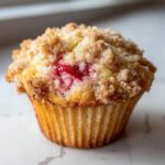 A close-up of one delicious strawberry muffin with a thick, sugary crumb topping.