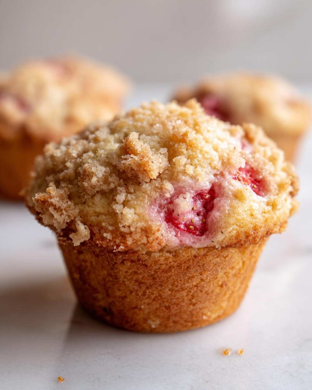 A close-up of a freshly baked strawberry muffin topped with golden streusel crumb topping.