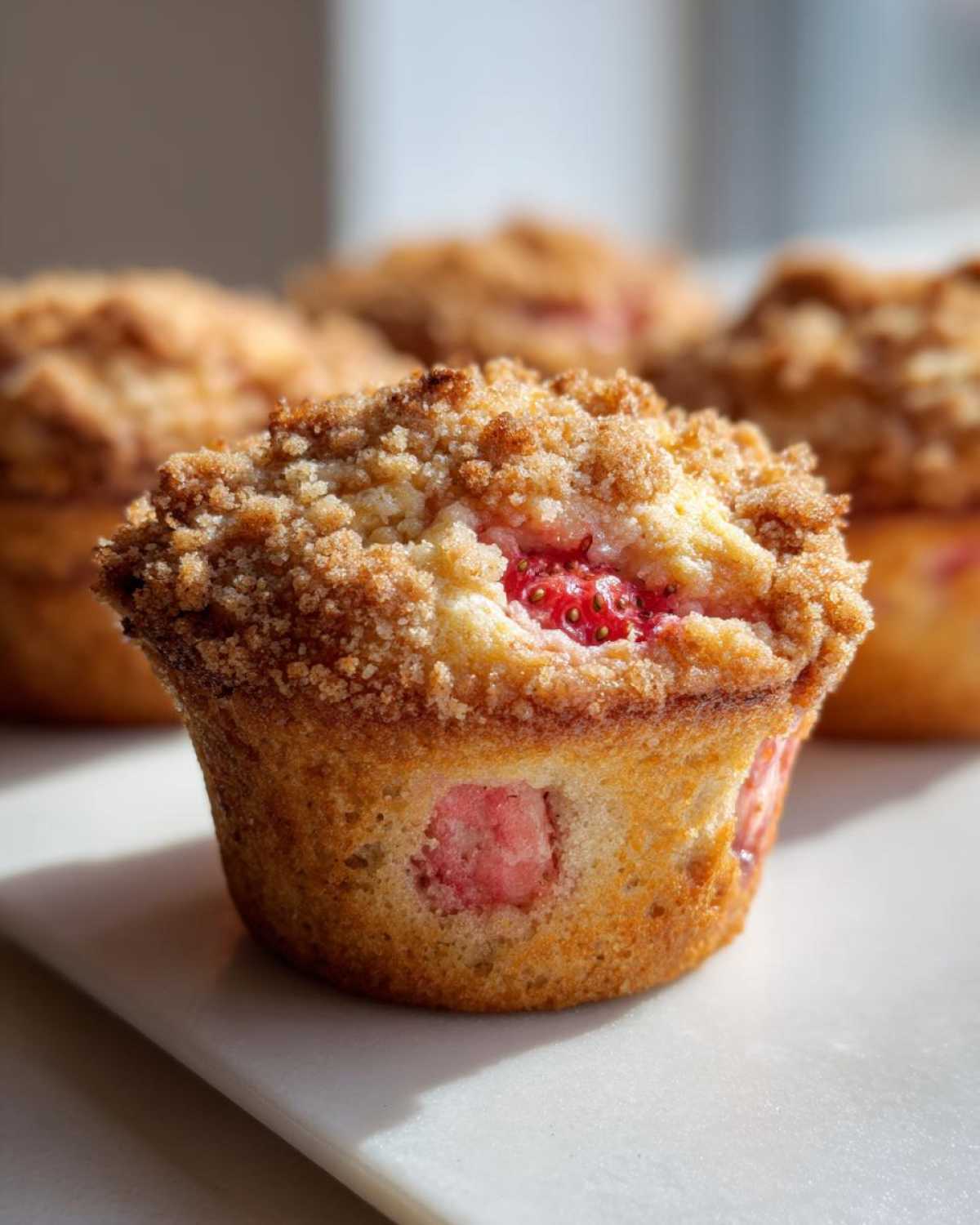 A close-up of a freshly baked strawberry muffin topped with a rich, golden brown streusel crumb topping.
