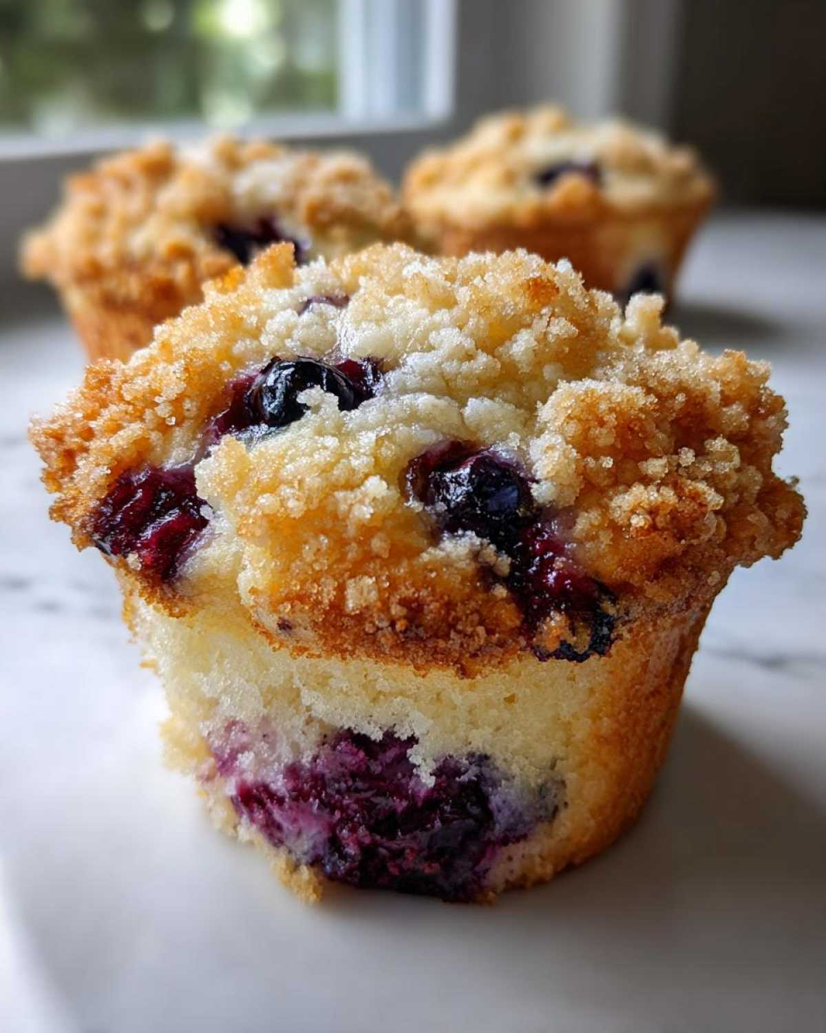 Close-up of a moist blueberry muffin featuring a thick, golden streusel crumb topping and visible juicy blueberries.