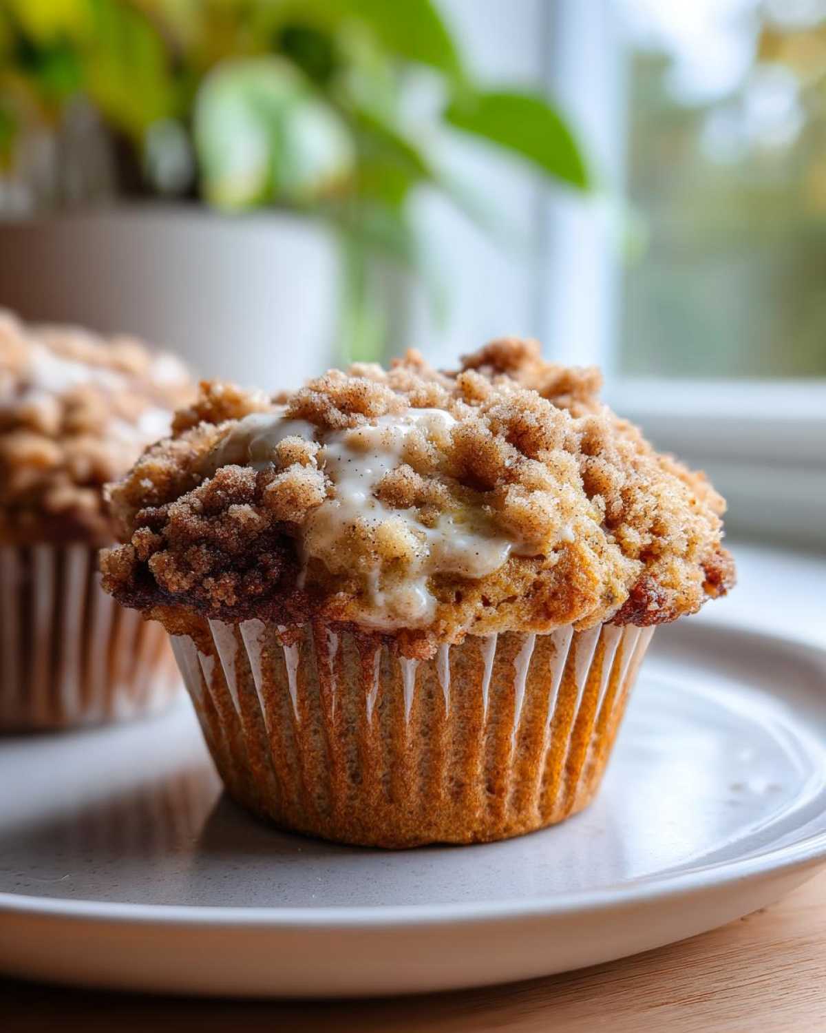 Close-up of a delicious oatmeal muffins topped with cinnamon streusel and a drizzle of vanilla glaze.