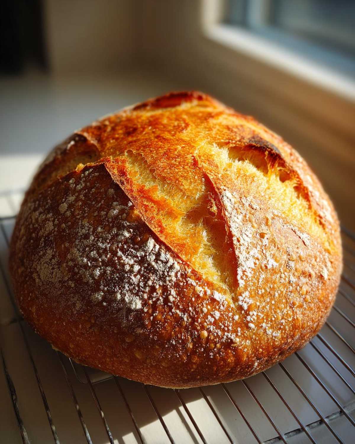 A beautifully baked, round loaf of Italian bread with a golden-brown, crusty top dusted with flour, resting on a cooling rack.