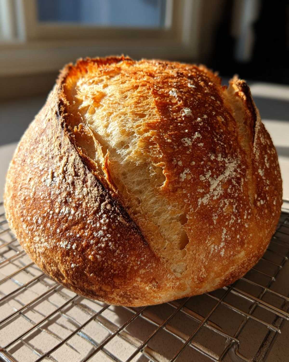 A beautifully baked, crusty loaf of Italian bread with a golden-brown ear, cooling on a wire rack in natural sunlight.