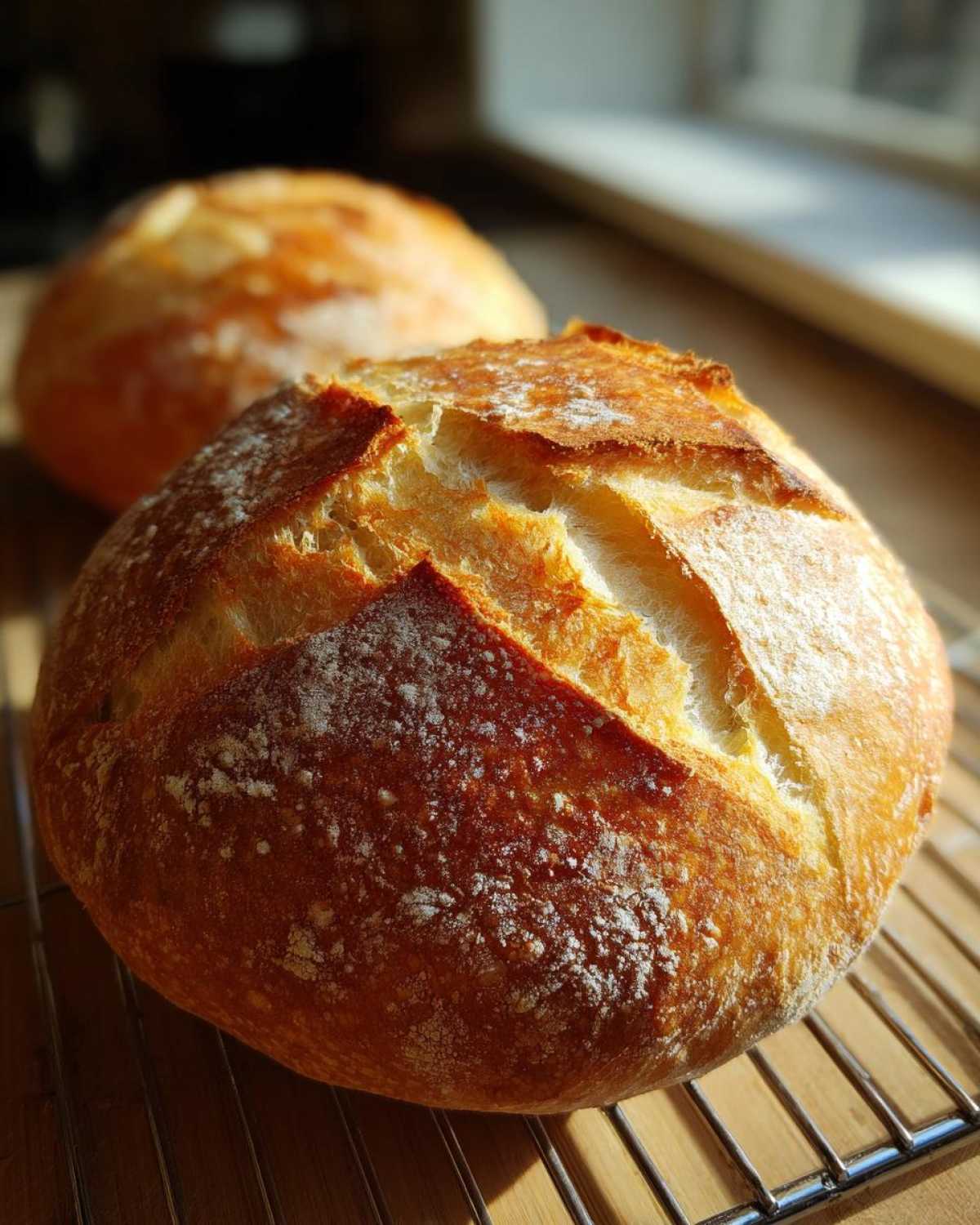 Close-up of a beautifully scored, crusty Italian bread loaf resting on a cooling rack, dusted with flour.