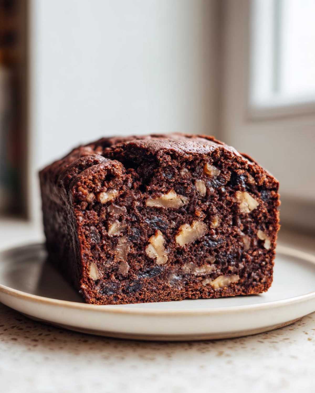 A close-up view of a freshly baked, dark brown date nut bread loaf studded with visible walnuts, resting on a light plate.