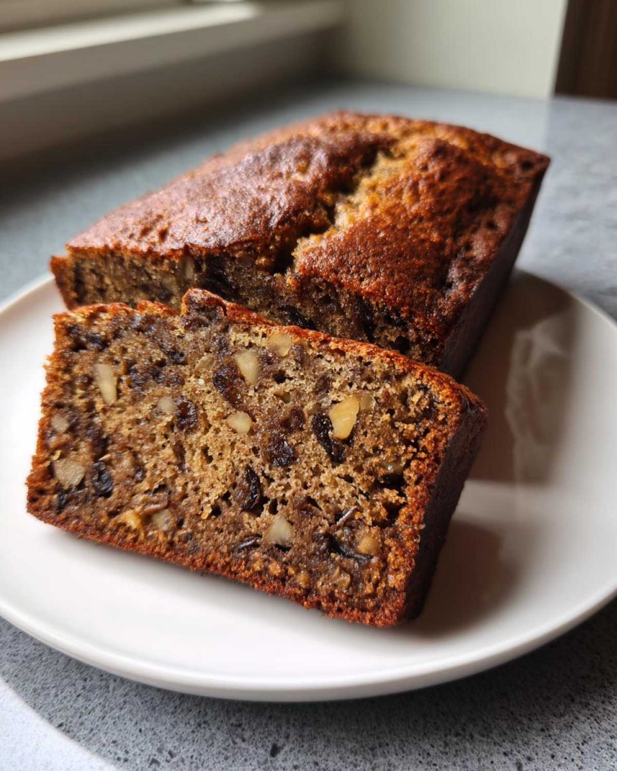 A loaf of moist date nut bread with one slice cut, showing walnuts and dates inside.