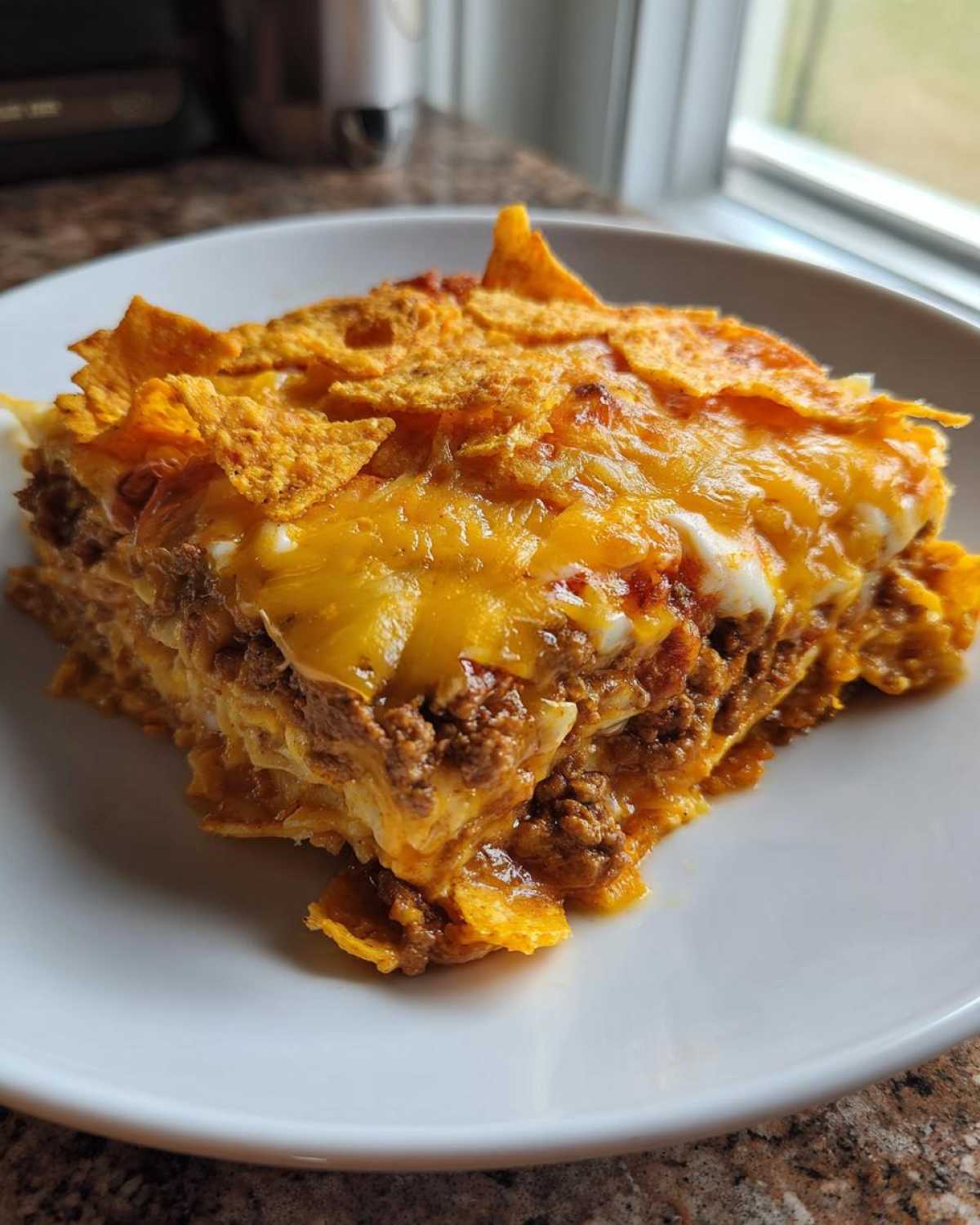 A close-up of a square serving of Dorito Casserole layered with seasoned ground beef, cheese, and topped with crushed chips.