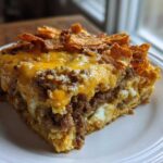 A thick slice of Dorito Casserole featuring layers of seasoned ground meat, cheese, and a crunchy Dorito topping.