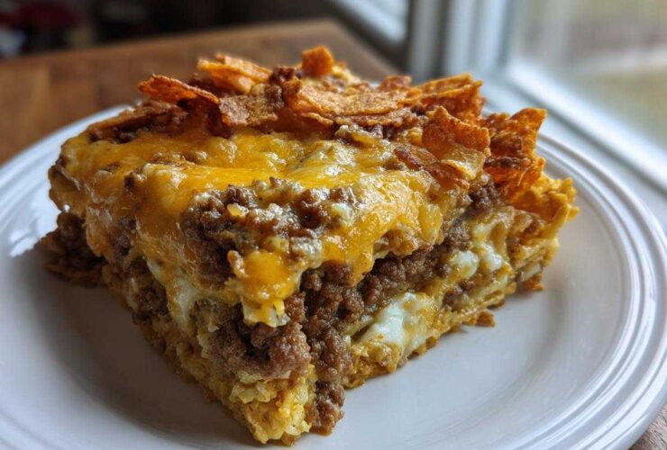 A thick slice of Dorito Casserole featuring layers of seasoned ground meat, cheese, and a crunchy Dorito topping.