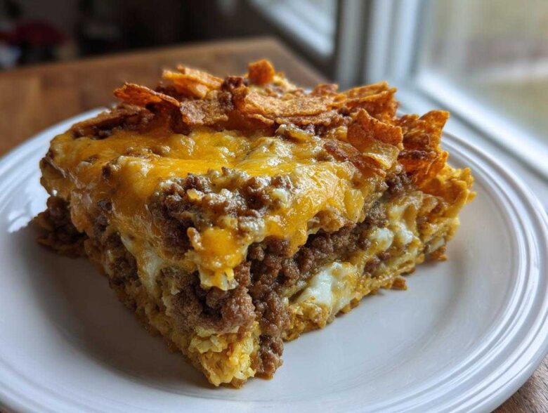 A thick slice of Dorito Casserole featuring layers of seasoned ground meat, cheese, and a crunchy Dorito topping.