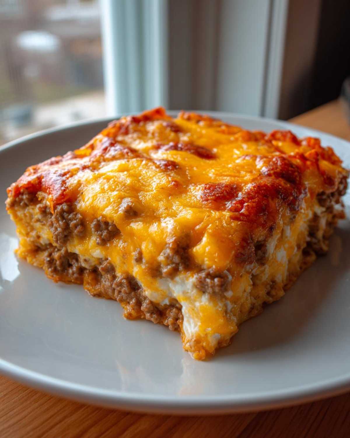 A square slice of rich Dorito Casserole topped with bubbly, melted cheddar cheese, served on a white plate.