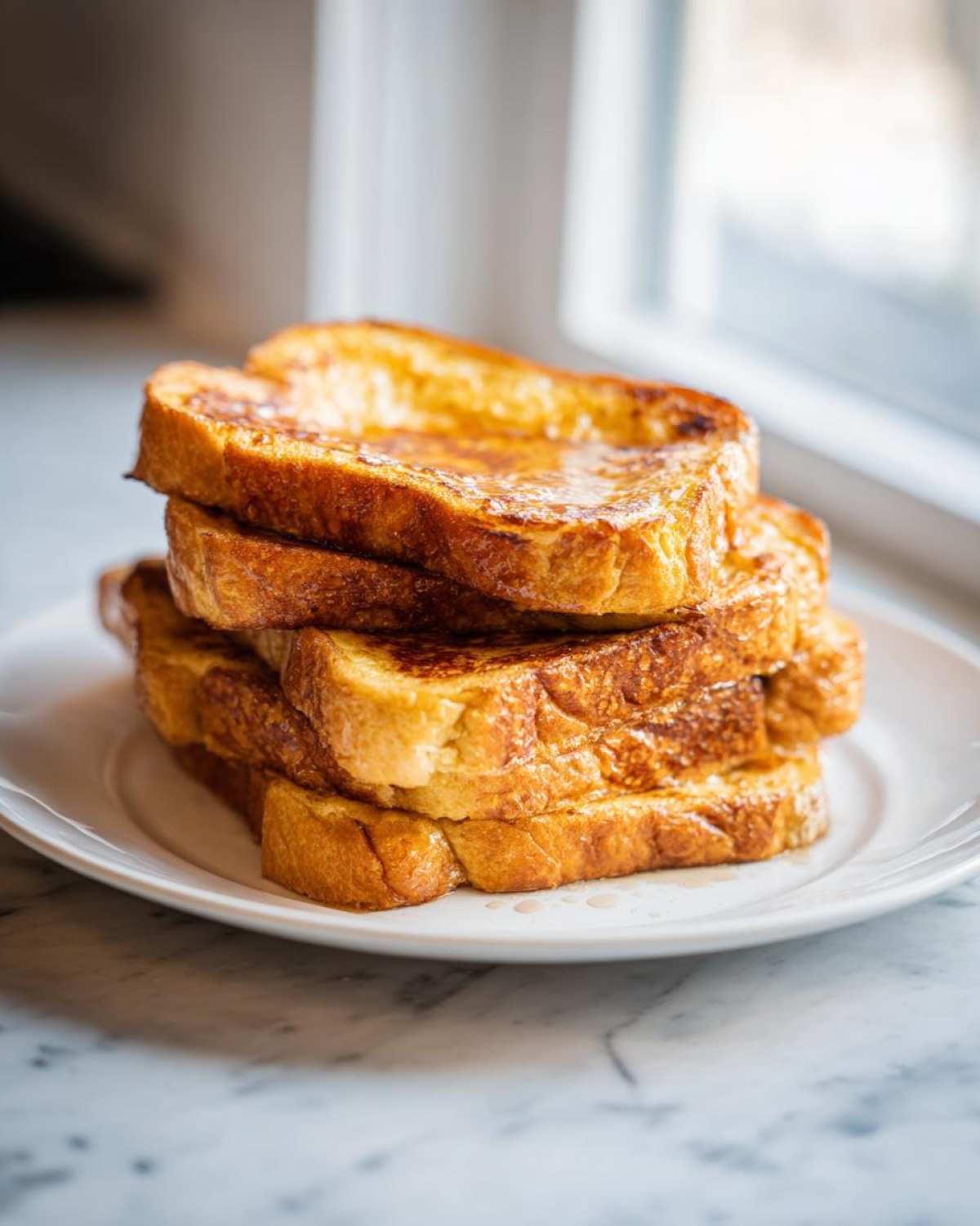 A tall stack of four golden brown slices of easy french toast drizzled with syrup on a white plate.