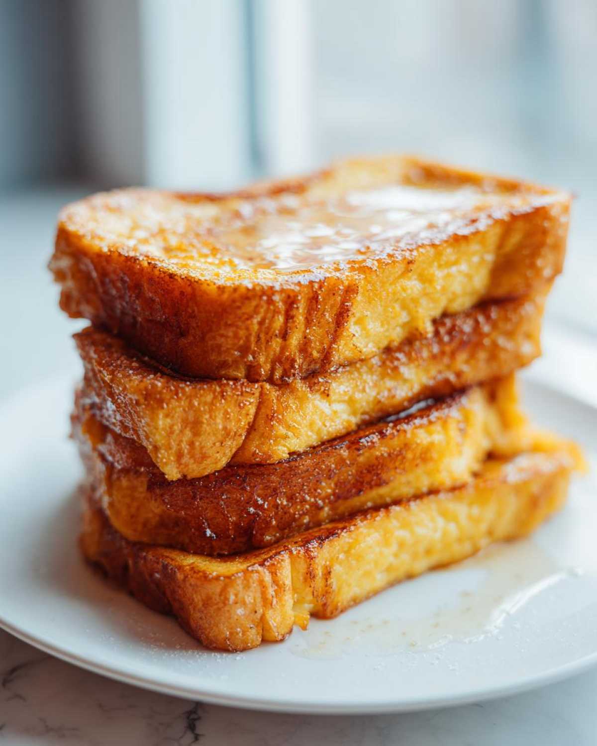 A tall stack of four golden brown, syrup-drizzled slices of easy French toast on a white plate.