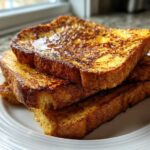 A stack of four thick slices of golden brown easy french toast drizzled with syrup on a white plate.
