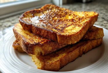 A stack of four thick slices of golden brown easy french toast drizzled with syrup on a white plate.