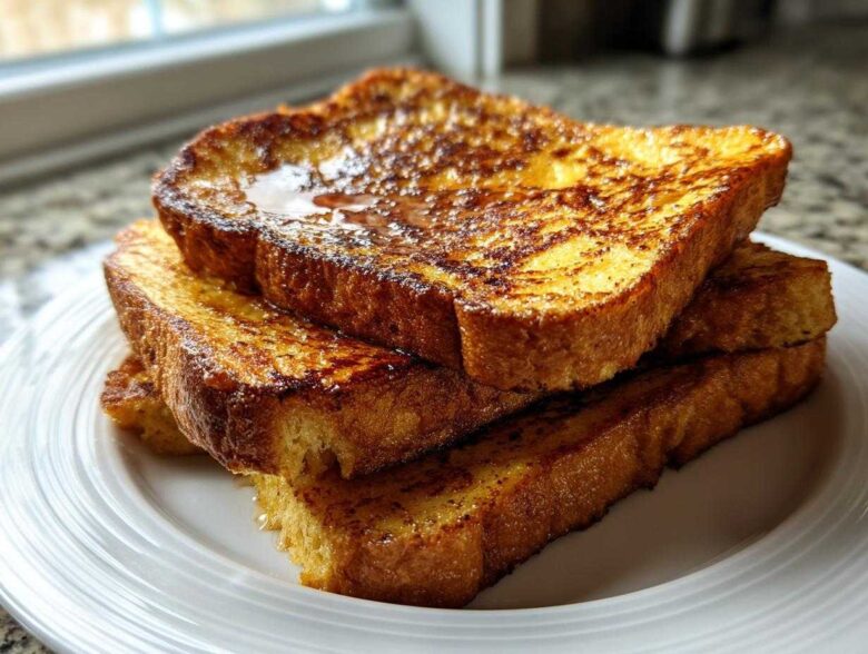 A stack of four thick slices of golden brown easy french toast drizzled with syrup on a white plate.